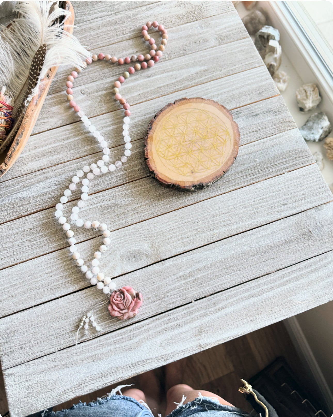 Rose Mala necklace // Mangano Calcite, Rhodonite and Rose Quartz mala // Unique mala // Long necklace // Gemstone necklace // Yoga necklace // Yoga jewelry // Ganesha