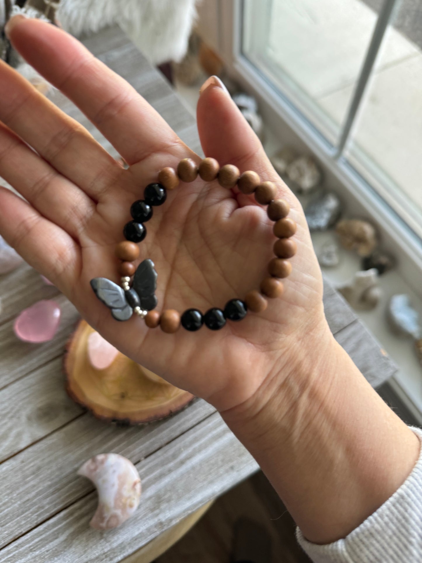 Hematite and Black Tourmaline Butterfly bracelet // Crystal diffuser bracelet // Yoga bracelet // Mala bracelet