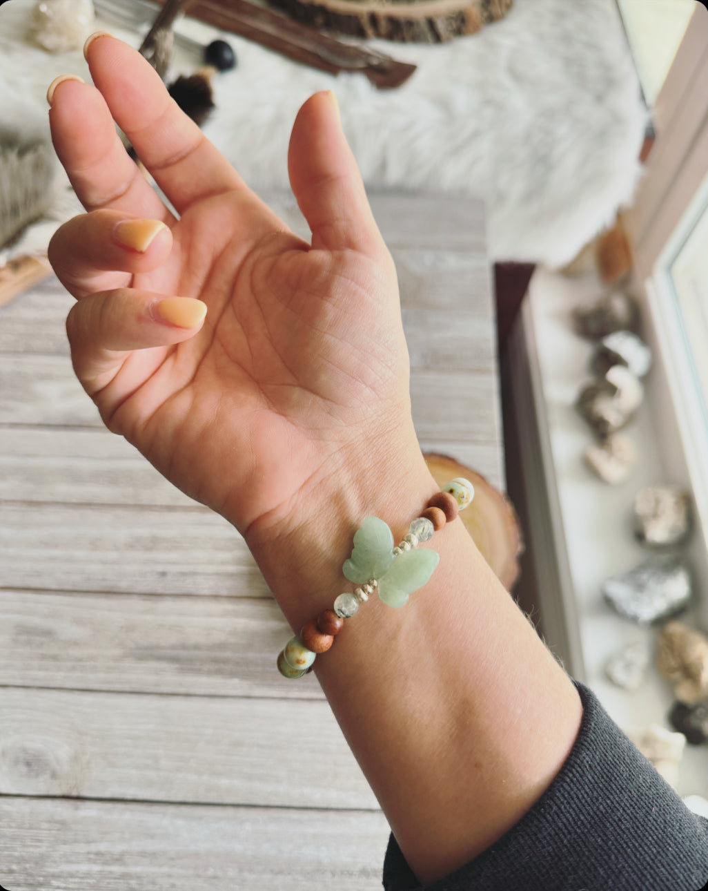 Jade Butterfly bracelet // Crystal diffuser bracelet //  Chrysoprase // Yoga bracelet // Mala bracelet