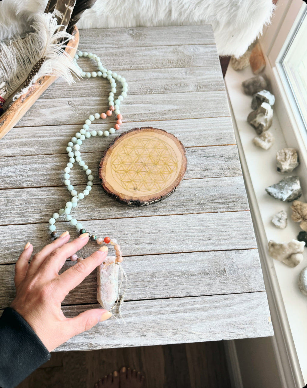 Flower Agate Mala necklace // Sunstone, Chrysoprase, Peach Aventurine Amazonite and Flower Agate mala // Unique mala // Long necklace // Gemstone necklace // Yoga necklace // Yoga jewelry // Ganesha