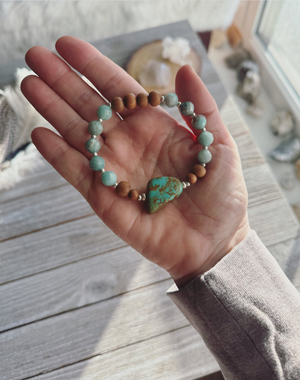 Genuine Turquoise, Amazonite and Sandalwood bracelet / Meditation bracelet / Yoga bracelet / Sandalwood bracelet /