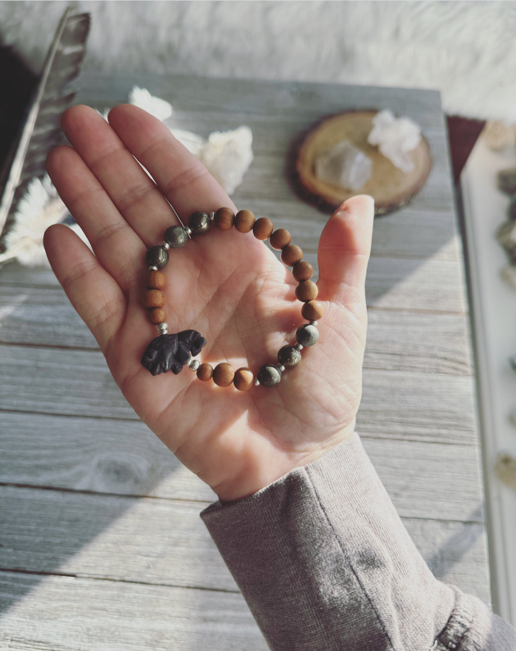 Hematite Bison bracelet // Crystal diffuser bracelet // Pyrite // Mala bracelet