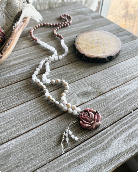 Rose Mala necklace // Mangano Calcite, Rhodonite and Rose Quartz mala // Unique mala // Long necklace // Gemstone necklace // Yoga necklace // Yoga jewelry // Ganesha