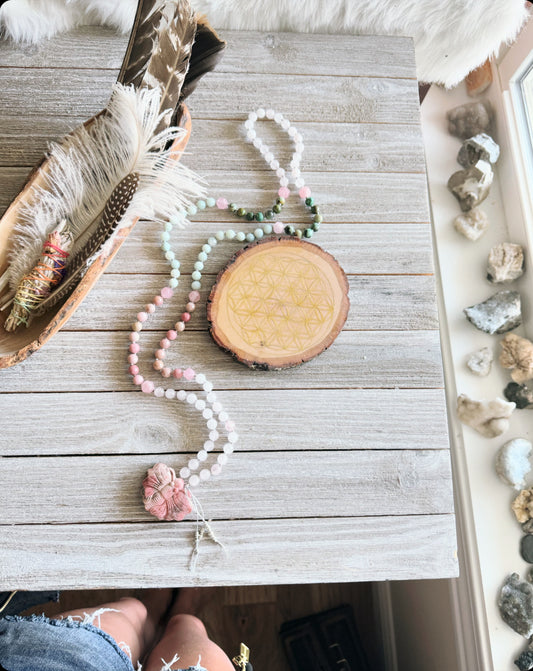 Butterfly Mala necklace // African Turquoise, Amazonite, Rhodonite and Rose Quartz mala // Unique mala // Long necklace // Gemstone necklace // Yoga necklace // Yoga jewelry //