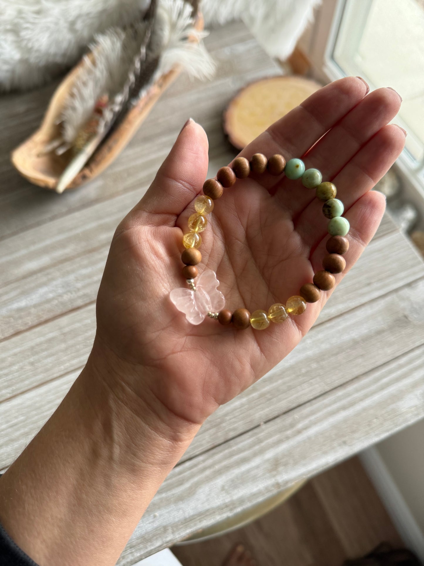 Rose Quartz Butterfly Citrine, Chrysoprase and Sandalwood bracelet / Meditation bracelet / Yoga bracelet / Sandalwood bracelet / Crystal bracelet