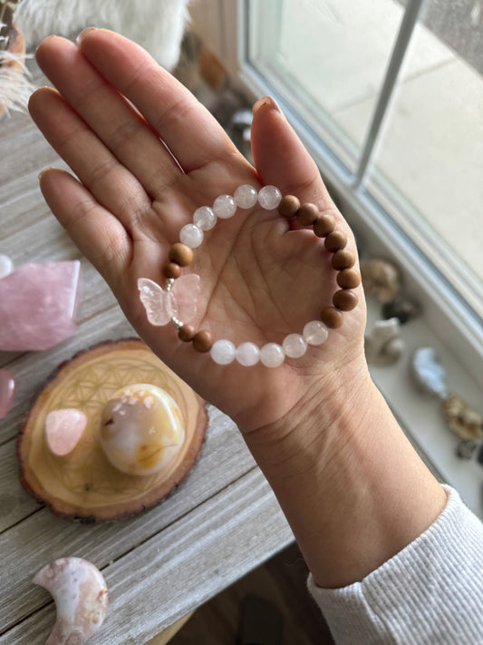 Rose Quartz Butterfly bracelet // Crystal diffuser bracelet // Yoga bracelet // Mala bracelet