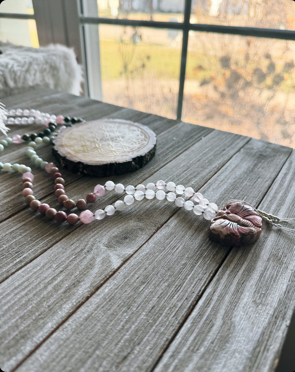 Butterfly Mala necklace // African Turquoise, Amazonite, Rhodonite and Rose Quartz mala // Unique mala // Long necklace // Gemstone necklace // Yoga necklace // Yoga jewelry //