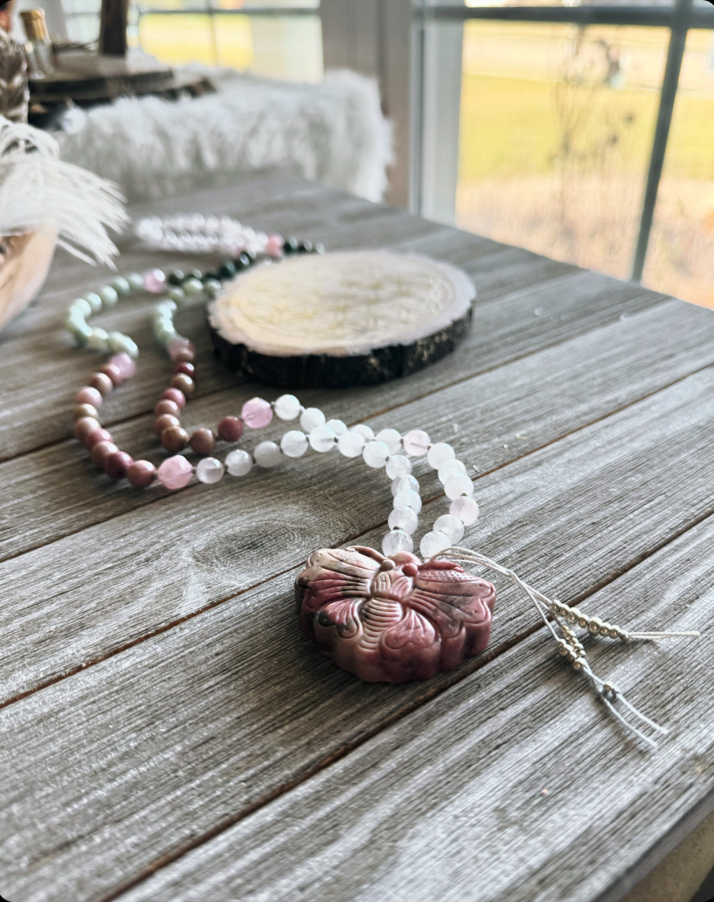 Butterfly Mala necklace // African Turquoise, Amazonite, Rhodonite and Rose Quartz mala // Unique mala // Long necklace // Gemstone necklace // Yoga necklace // Yoga jewelry //