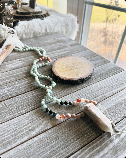 Flower Agate Mala necklace // Sunstone, Chrysoprase, Peach Aventurine Amazonite and Flower Agate mala // Unique mala // Long necklace // Gemstone necklace // Yoga necklace // Yoga jewelry // Ganesha