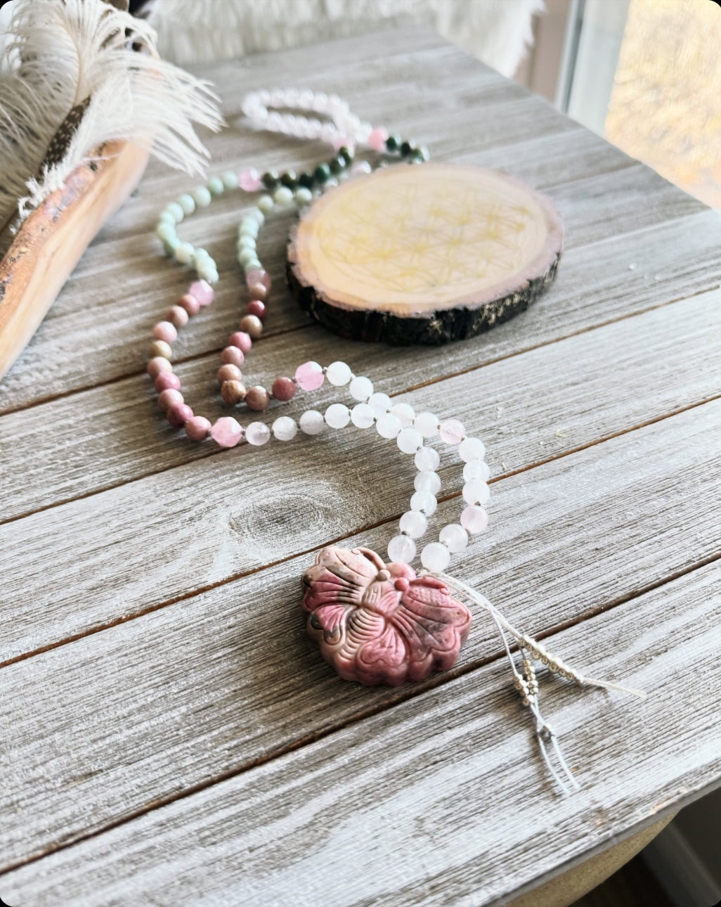 Butterfly Mala necklace // African Turquoise, Amazonite, Rhodonite and Rose Quartz mala // Unique mala // Long necklace // Gemstone necklace // Yoga necklace // Yoga jewelry //