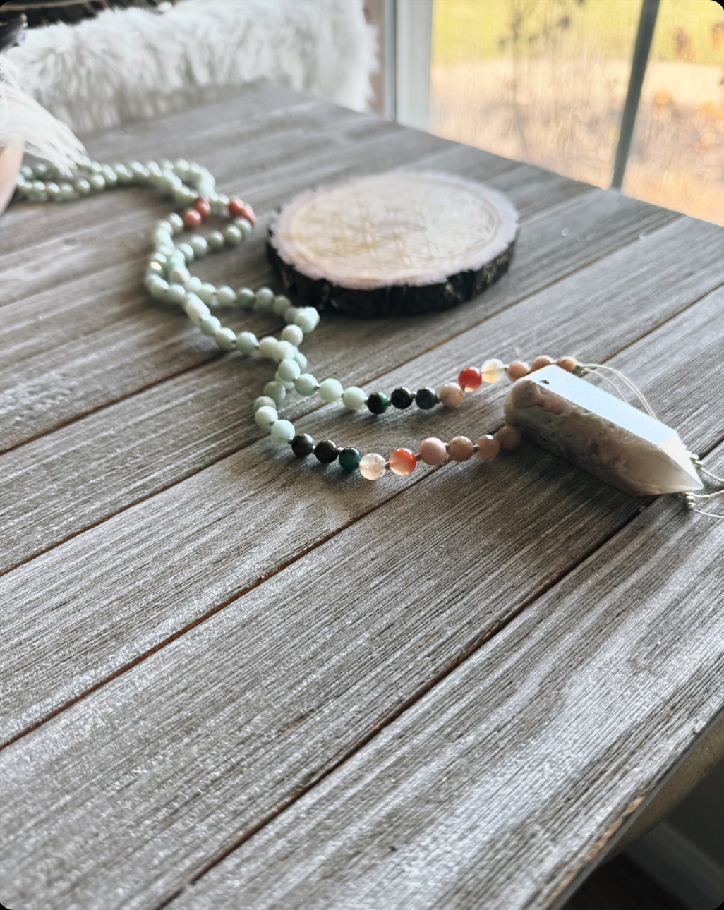 Flower Agate Mala necklace // Sunstone, Chrysoprase, Peach Aventurine Amazonite and Flower Agate mala // Unique mala // Long necklace // Gemstone necklace // Yoga necklace // Yoga jewelry // Ganesha