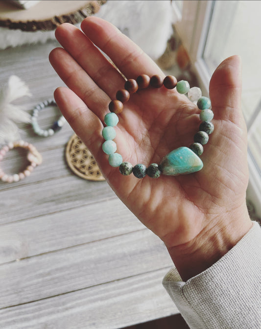 Genuine Turquoise, African Turquoise, Amazonite and Sandalwood bracelet / Meditation bracelet / Yoga bracelet / Sandalwood bracelet /