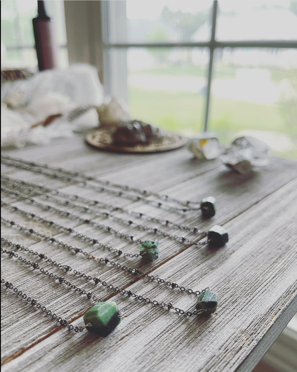 Zoisite necklace / Heart Chakra necklace / Gunmetal necklace / Spiritual jewelry  / Healing necklace / Wellness necklace