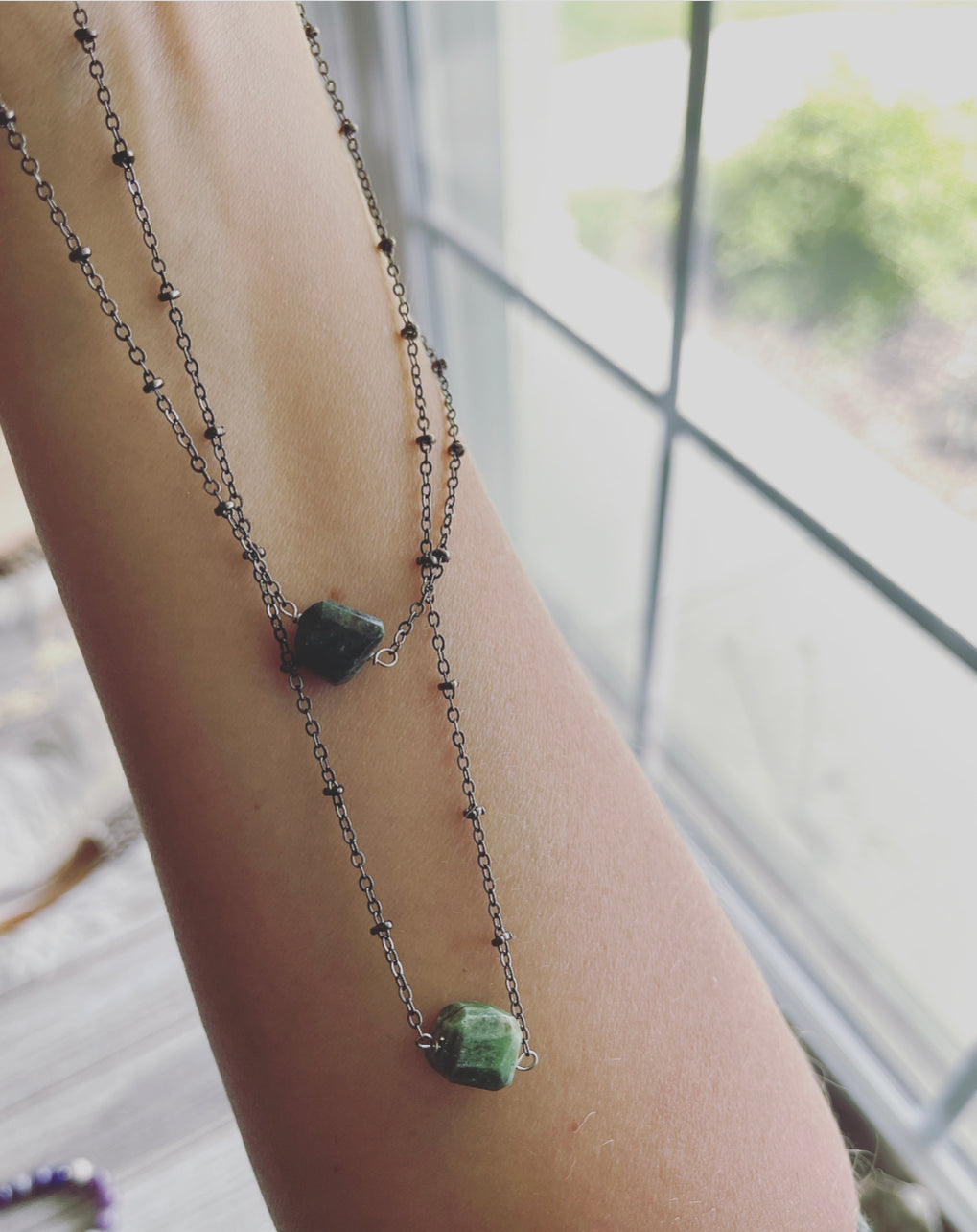 Zoisite necklace / Heart Chakra necklace / Gunmetal necklace / Spiritual jewelry  / Healing necklace / Wellness necklace