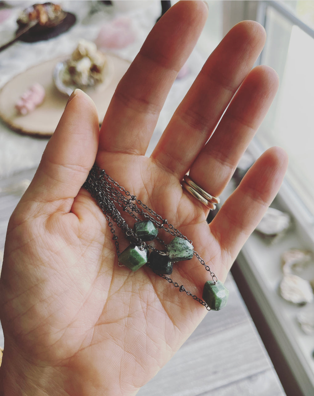 Zoisite necklace / Heart Chakra necklace / Gunmetal necklace / Spiritual jewelry  / Healing necklace / Wellness necklace