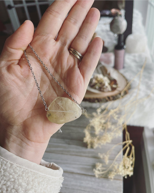 Golden Rutilated Quartz necklace / Solar Plexus necklace / silver necklace / Spiritual jewelry  / Healing necklace / Wellness necklace